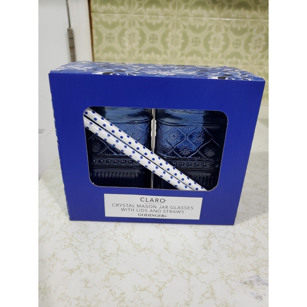 CLARO (Godinger) Crystal Mason Jar Glasses W/Lids & Straws Set of 2 New In Box